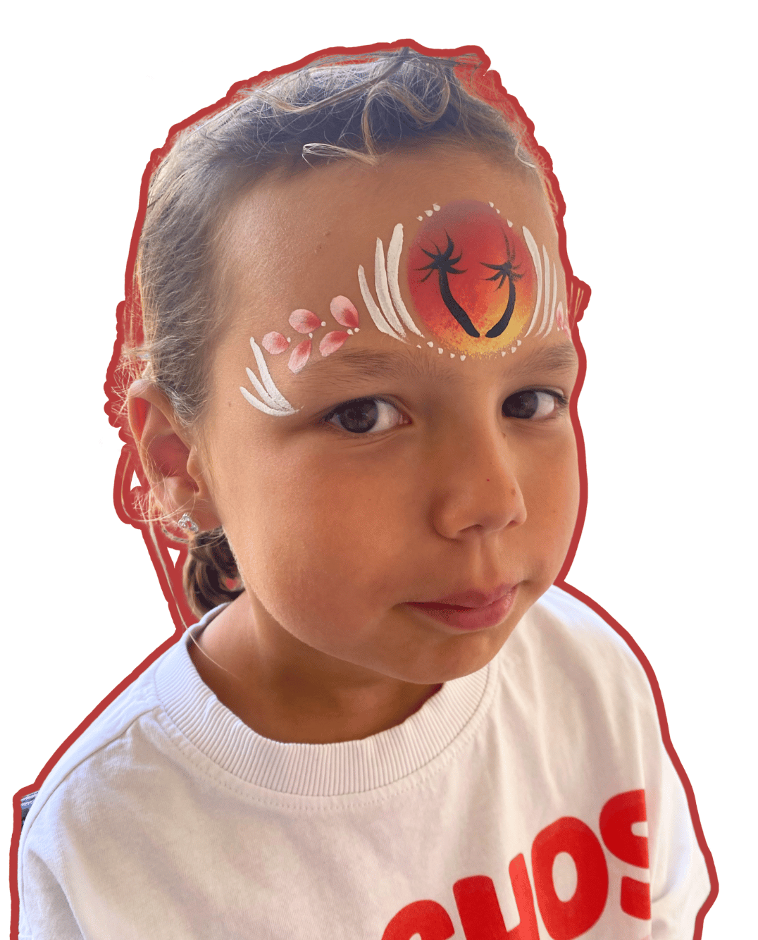 A close-up of a child's face with custom face paint featuring a red sun, black palm trees, and white palm leaves, wearing a white t-shirt with red lettering.
