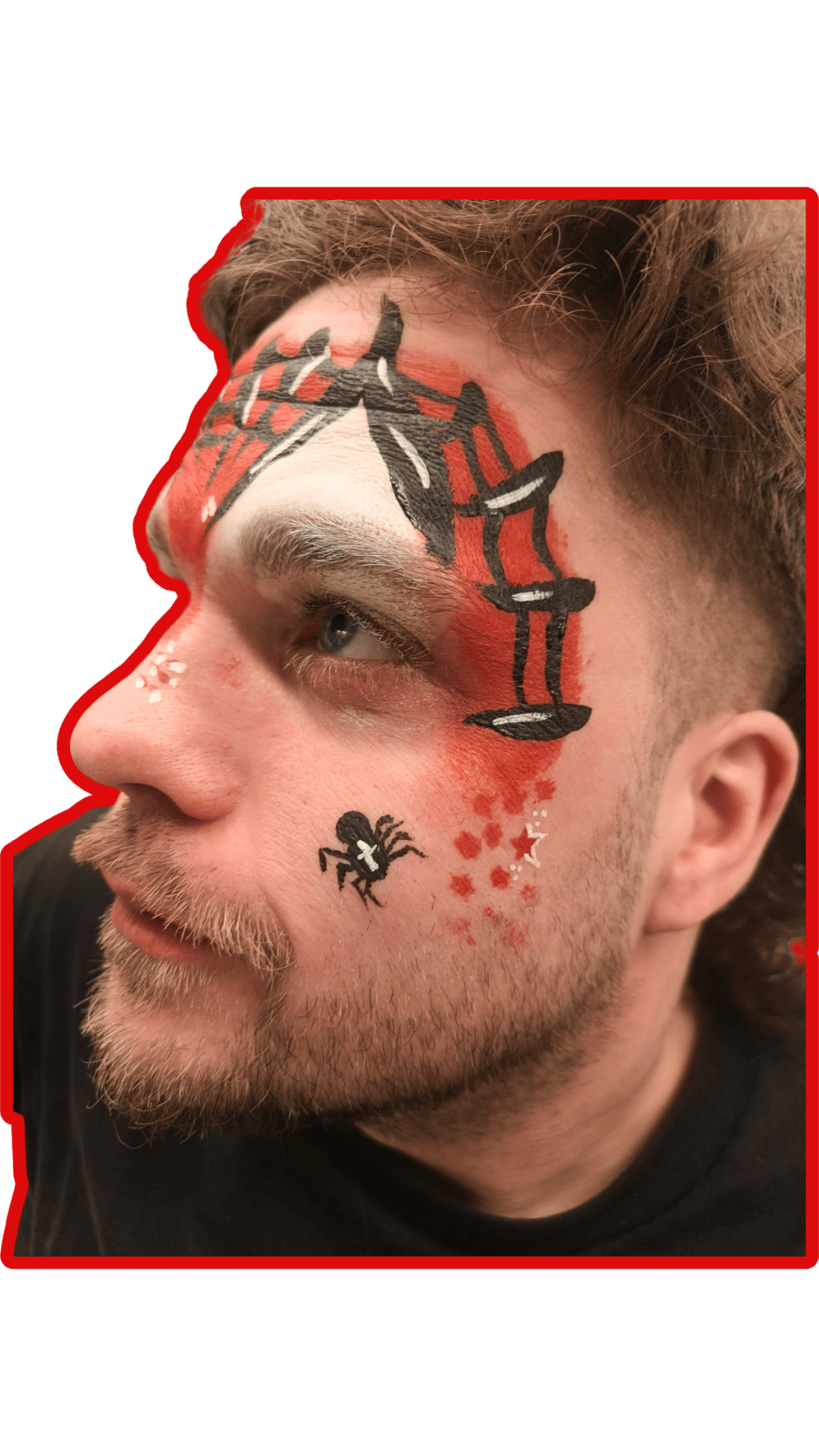 Person with face paint featuring a spider and web design 
