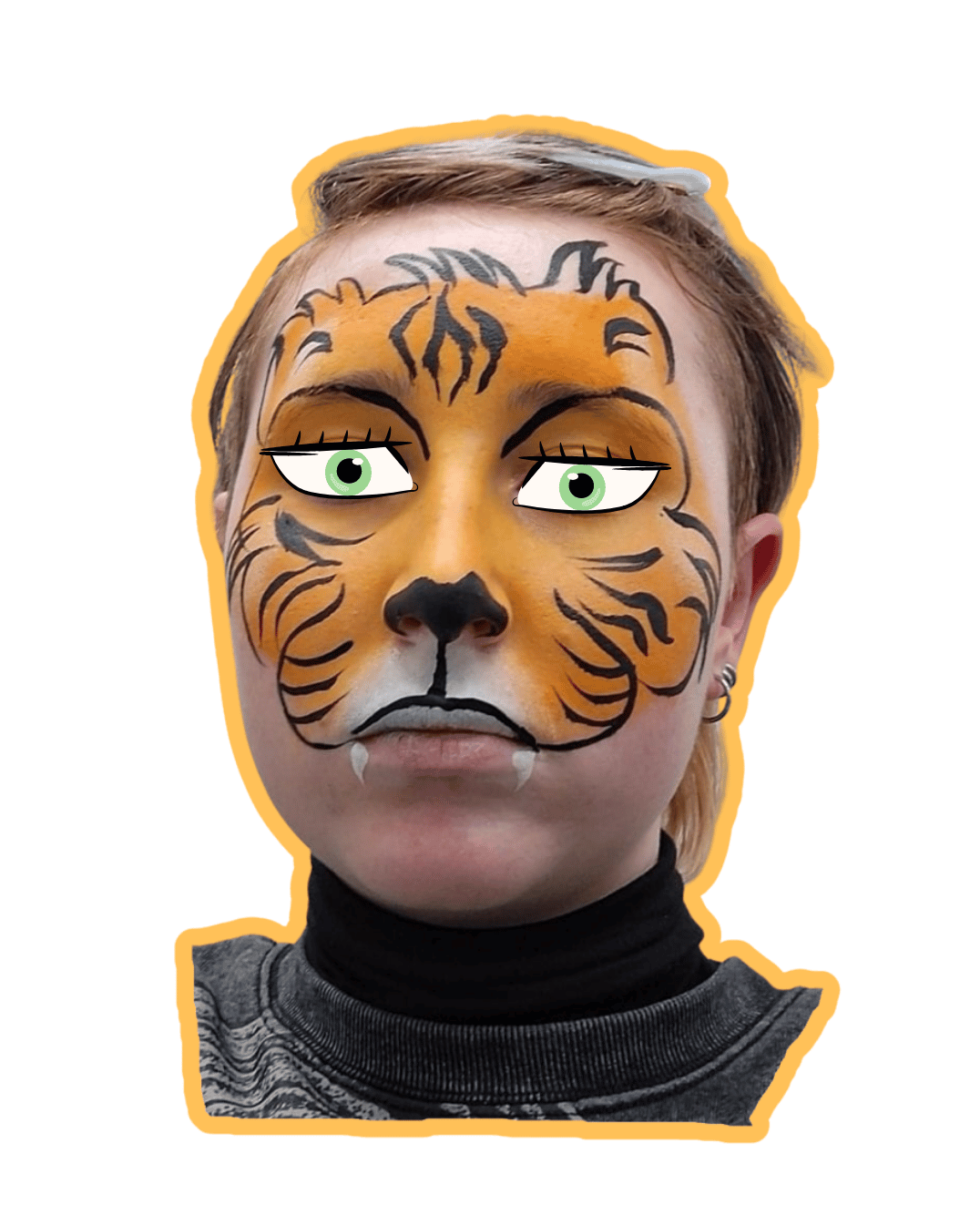 Person with tiger face paint on a transparent background